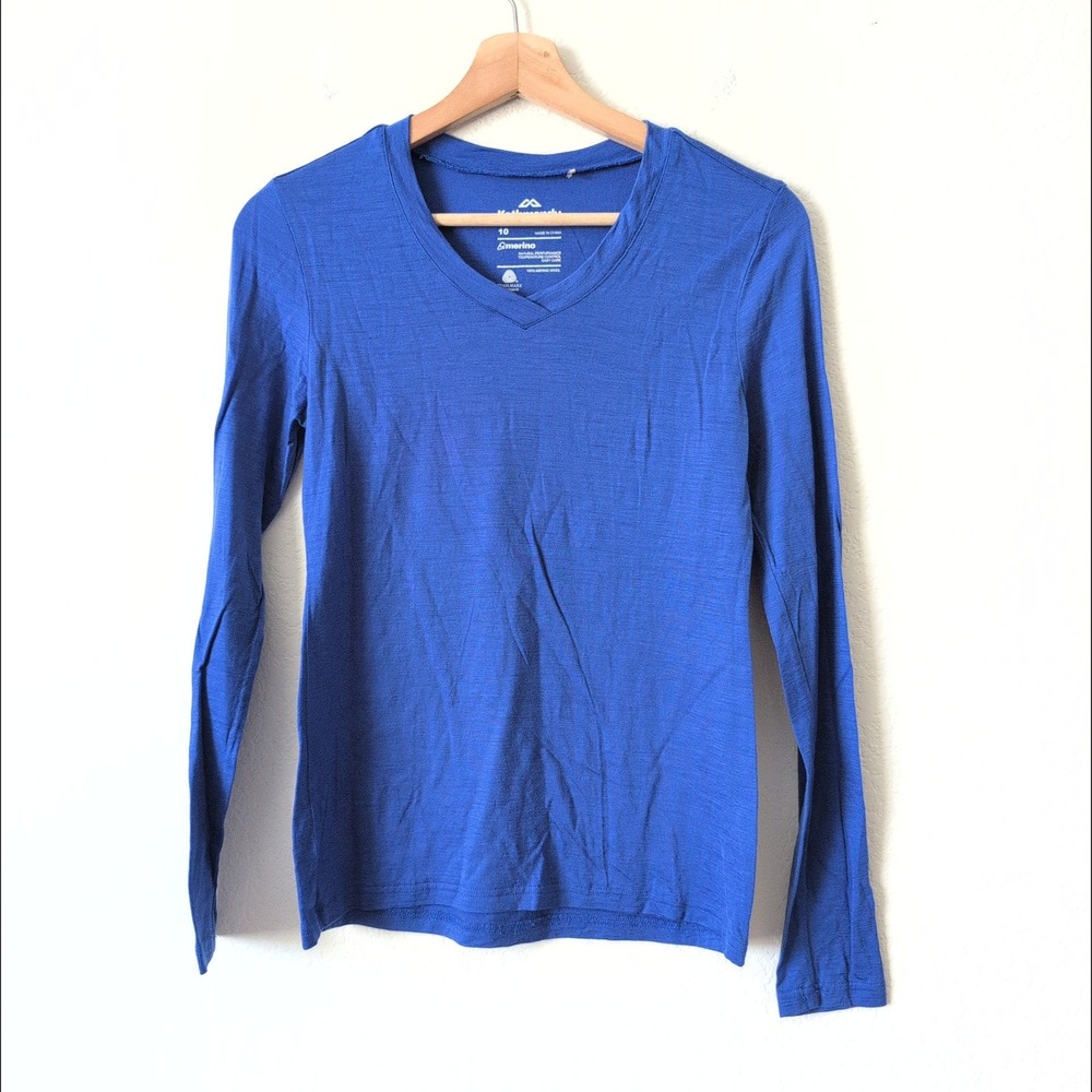 Kathmandu Womens Blue 100% Merino Wool Long Sleeve V-Neck Base Layer Top Size 10